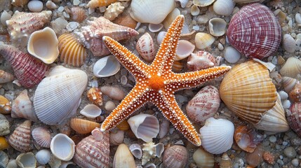 Starfish and seashells on a bright coastal shore