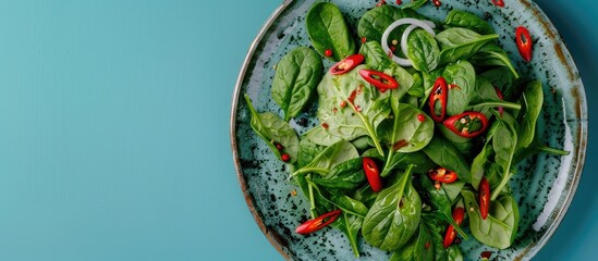 Fresh Green Spinach Leaves Red Hot Chili Peppers And Onions On A Ceramic Plate On A Blue Background Source Of Vitamins For The Heart Muscle Food For Vegans And Vegetarians