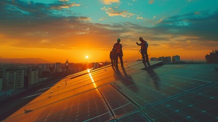 Fototapeta premium Early morning rooftop scene with technicians setting up solar panels. Green energy focus