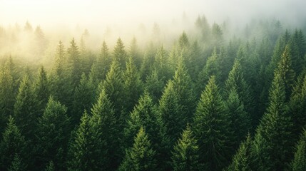 Fototapeta premium Serene summer morning in a lush pine forest A tranquil view showcasing the evergreen beauty of coniferous trees from an aerial perspective