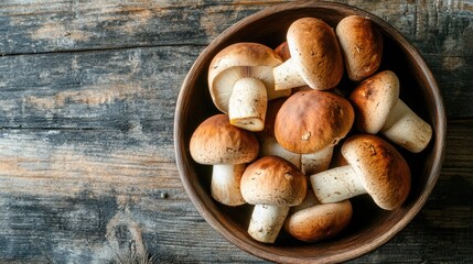 Fresh forest mushrooms in an old bowl on a wooden table top view Features Boletus edulis also known as king bolete penny bun cep or porcini