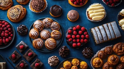 Mouthwatering Baked Treats Displayed on Deep Blue Surface Showcasing Authentic Textures