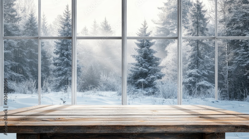 Poster wooden table in front of a window highlights a snowy forest view high quality image