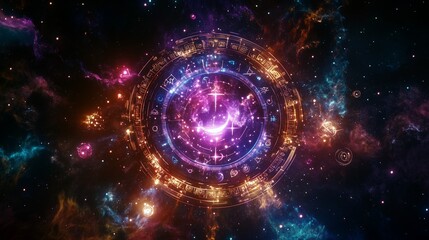 Obraz premium Planetary alignment visualized in space, showing the zodiac constellations in the background