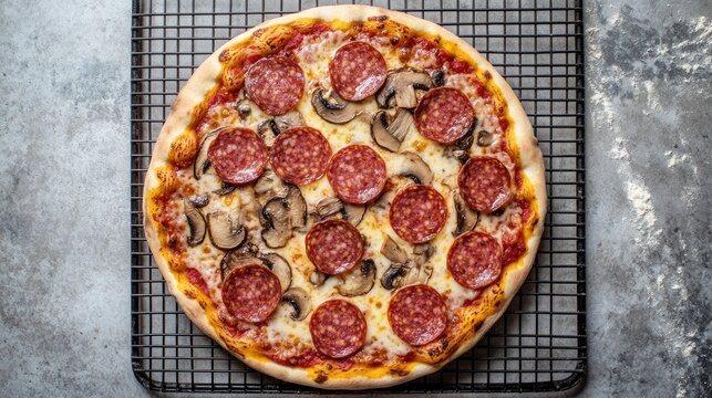 Top view of a freshly baked pizza topped with salami sujuk sausage slices mushrooms and mozzarella cheese on a cooling rack