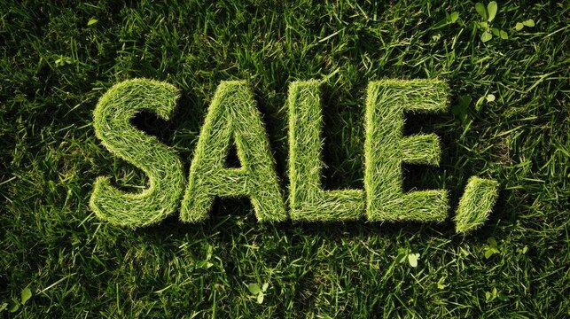 Green grass shaped into the word SALE symbolizing discounts A promotional design for social media ideal for spring or shopping events focused on eco friendliness