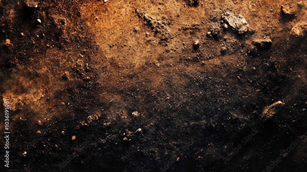 Poster utilizing soil texture overlays to create a grunge and retro appearance featuring abstract dust part