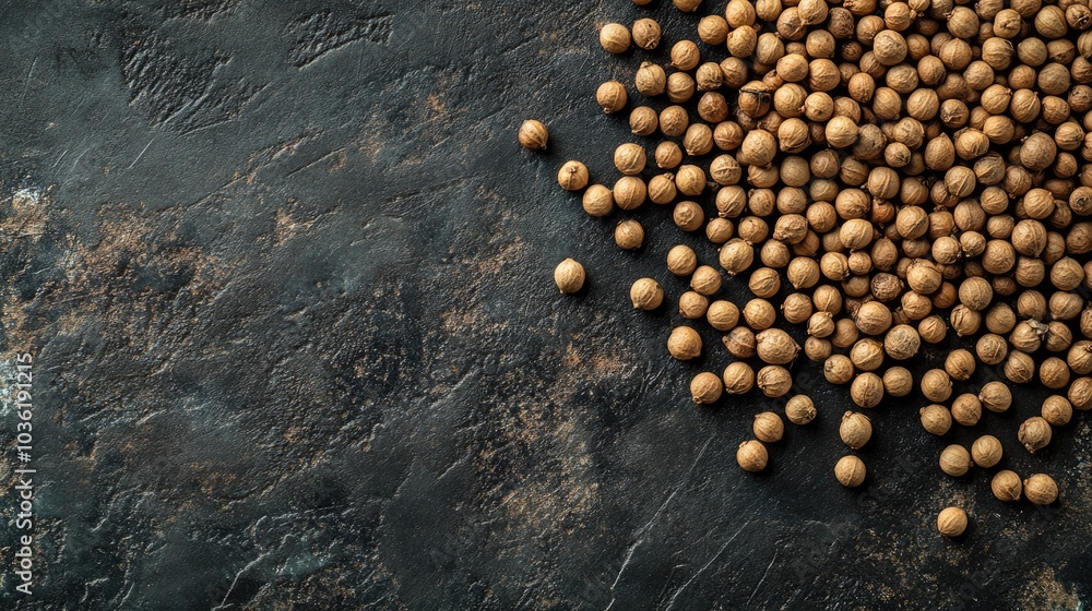 Poster coriander seeds neatly arranged on a surface featuring ample space for text or additional imagery