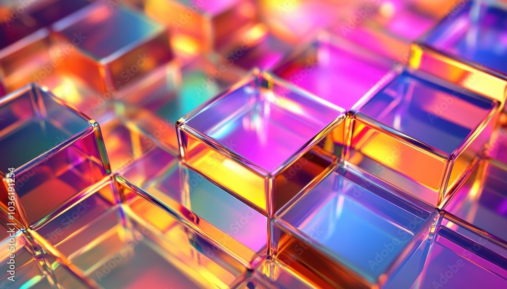 Poster colorful translucent blocks arranged in a geometric pattern on a reflective surface
