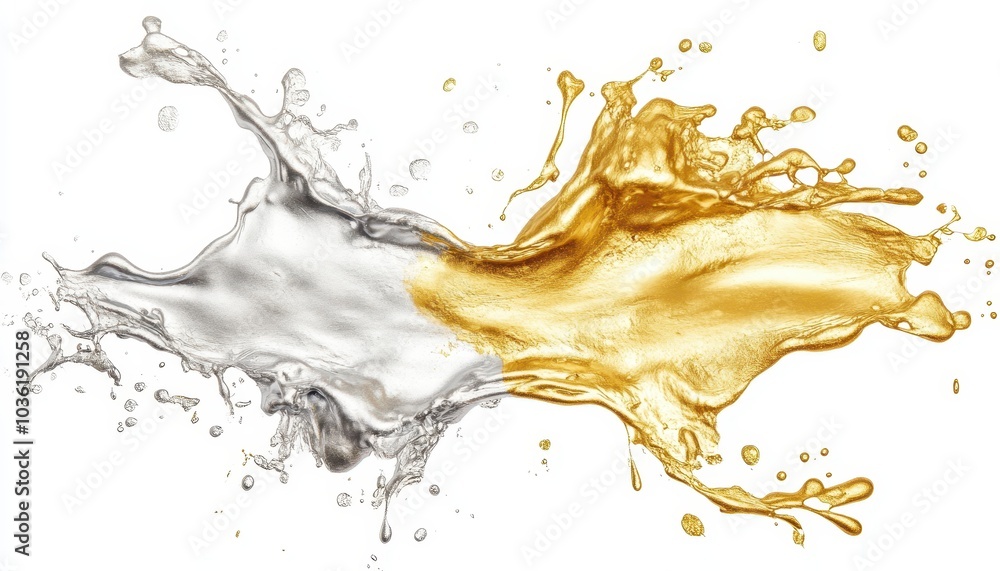 Poster dynamic splash of silver and gold liquids merging in artistic display