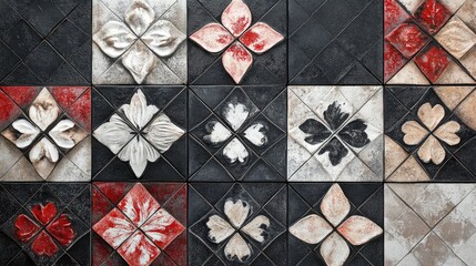 Fototapeta premium Vintage patchwork flower motif tiles with an old dark black anthracite stone concrete texture for a stylish background or banner