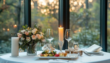 Elegant dinner table setup with flowers and candles at sunset in a garden restaurant