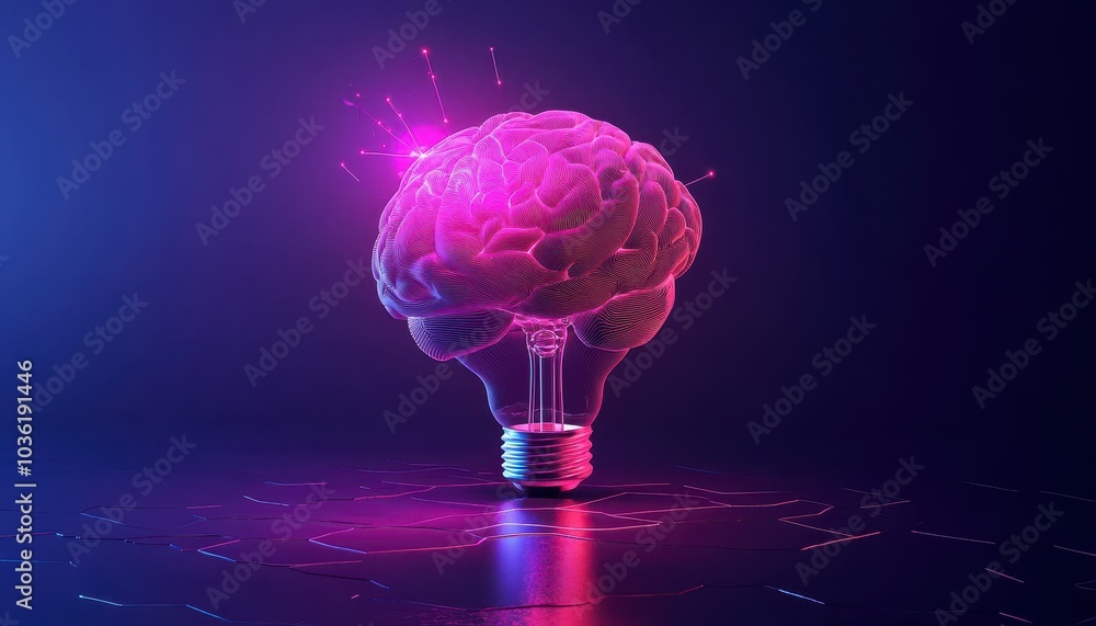 Poster visual representation of a brain generating ideas with vibrant light effects