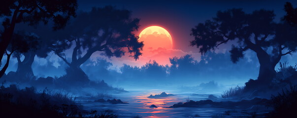 Mysterious enchanting landscape, river illuminated by moonlight on full moon. Mysterious trees grow along foggy riverbank, mystical atmosphere. Background banner for Halloween or enigmatic themes