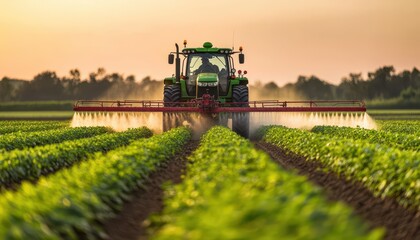Fototapeta premium Tractor spraying crops in a lush green field during sunset in summer
