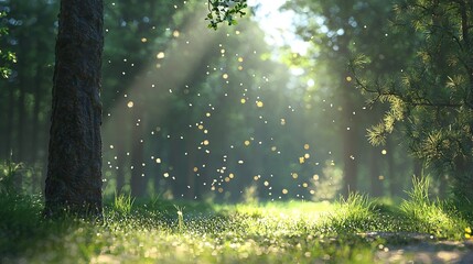 Obraz premium A vast forest brims with myriad trees, casting abundant sunlight onto the verdant grass beneath and illuminating the sunbeams filtering through their leaves