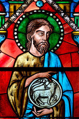 2024-10-15, Sens, FRANCE. Stained glass (18th century) of Jesus the Good Shepherd.