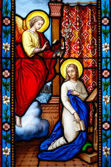 Fototapeta premium 2024-10-14, Paris, FRANCE. Stained glass (19th century) of Annunciation to the Blessed Virgin Mary by the Archangel Gabriel.