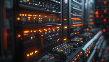 Obraz premium A close-up view of illuminated server racks in a data center during evening hours