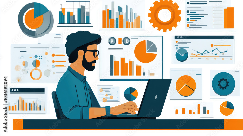 Aufkleber this individual is focused on their laptop, analyzing a variety of colorful charts and graphs displa