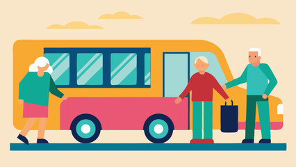 Transportation Services A scene depicting a community shuttle bus with a ramp ready to assist seniors as they board with one friend helping another into the vehicle.