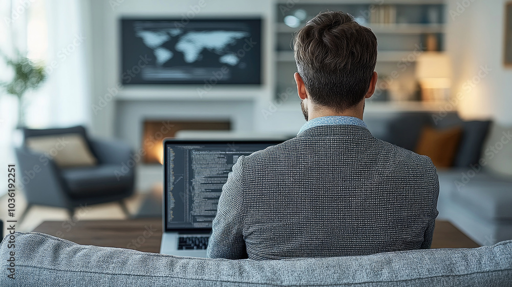 Poster a man sits at a desk in a stylish living room, focusing on coding tasks on his laptop while soft day