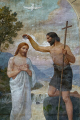2024-10-15, Senan, FRANCE. Painting (18th century) of Baptism of Jesus by John the Baptist in the Jordan river. .