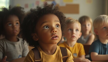 Young children engaged in a classroom setting, listening intently to their teacher