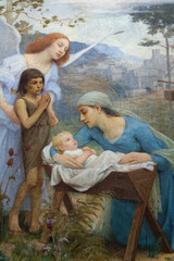 2024-10-15, Senan, FRANCE. Painting (19th century) of Christmas Nativity Scene with Virgin Mary and...
