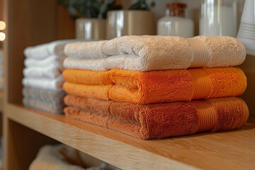 A stack of towels on a shelf, with the top towel being orange. The towels are neatly stacked and arranged in a way that makes them easy to access. Concept of organization and cleanliness