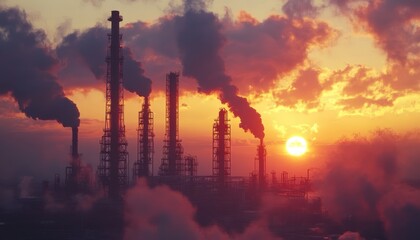 Smokestacks silhouetted against a vibrant sunset at an industrial location