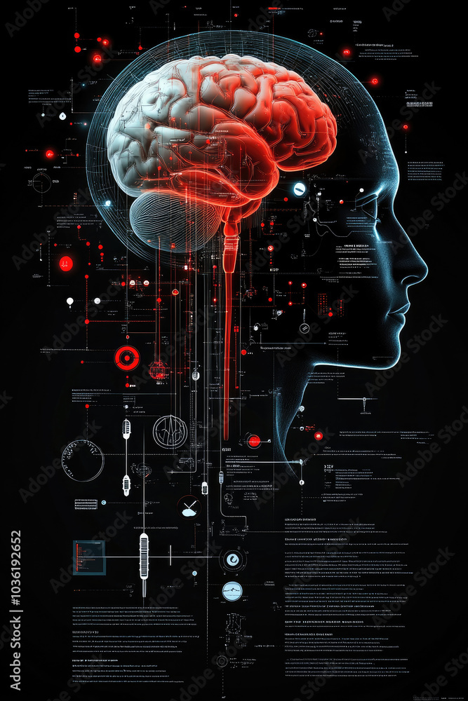 Poster this visual showcases a side profile of a human head, with a glowing brain, highlighting neural path
