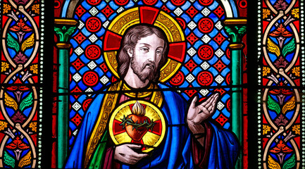 Fototapeta premium 2024-10-15, Aillant sur Tholon, FRANCE. Stained glass (19th century) of Sacred Heart of Jesus Christ. .