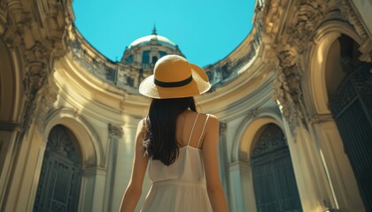 A woman explores stunning architecture under a bright blue sky in summer