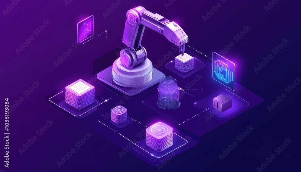 Poster robotic arm assembling digital components in a futuristic technology lab