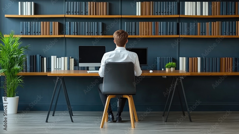 Poster a person sits at a sleek desk focused on computer work, surrounded by neatly arranged books and a pl