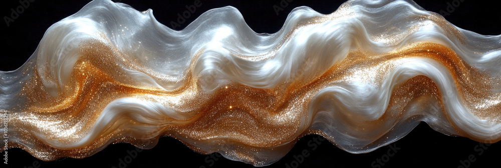 Poster a captivating display of golden and white fabric waves undulating gracefully on a dark backdrop, sho