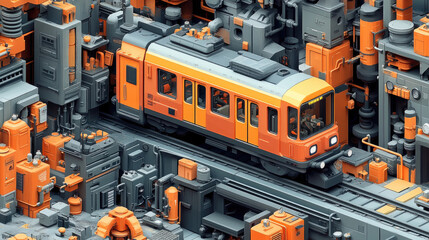 Fototapeta premium An orange train moves through a detailed urban landscape, surrounded by complex machinery and vivid colors, showcasing a unique futuristic environment