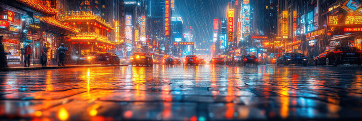 Obraz premium A lively urban environment with neon lights reflecting off wet pavement while cars navigate through a bustling nighttime thoroughfare