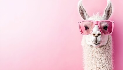 A fashionable llama wearing pink sunglasses against a pastel pink background
