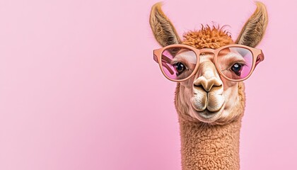 Obraz premium Llama wearing stylish glasses poses against a vibrant pink background
