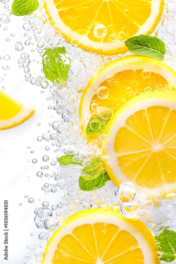Poster bright lemon slices create a stunning visual as they drift in sparkling water, with fresh mint leave