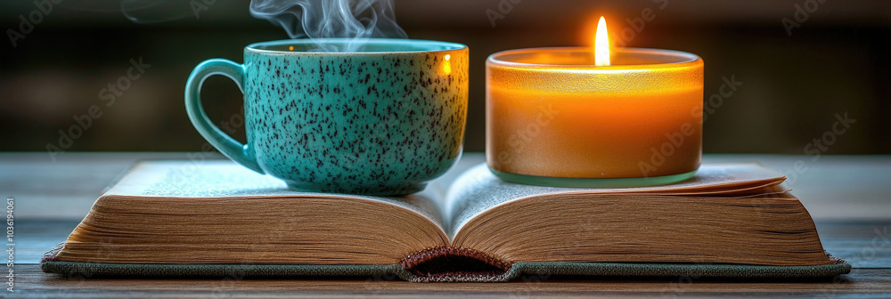Poster the warm glow of a candle complements a steaming cup of tea placed next to an open book, creating a 