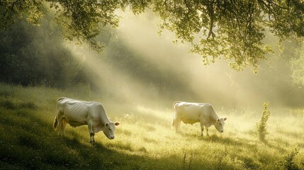 Two white cows grazing in a sunlit meadow, surrounded by trees and soft rays of light.