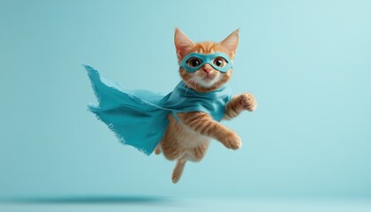 Adorable orange kitten in a blue cape and mask flying against a light background