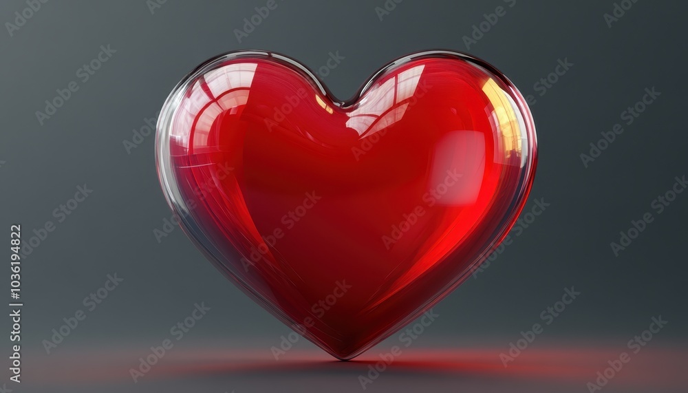 Poster glowing red heart shape with reflections on a dark gradient background