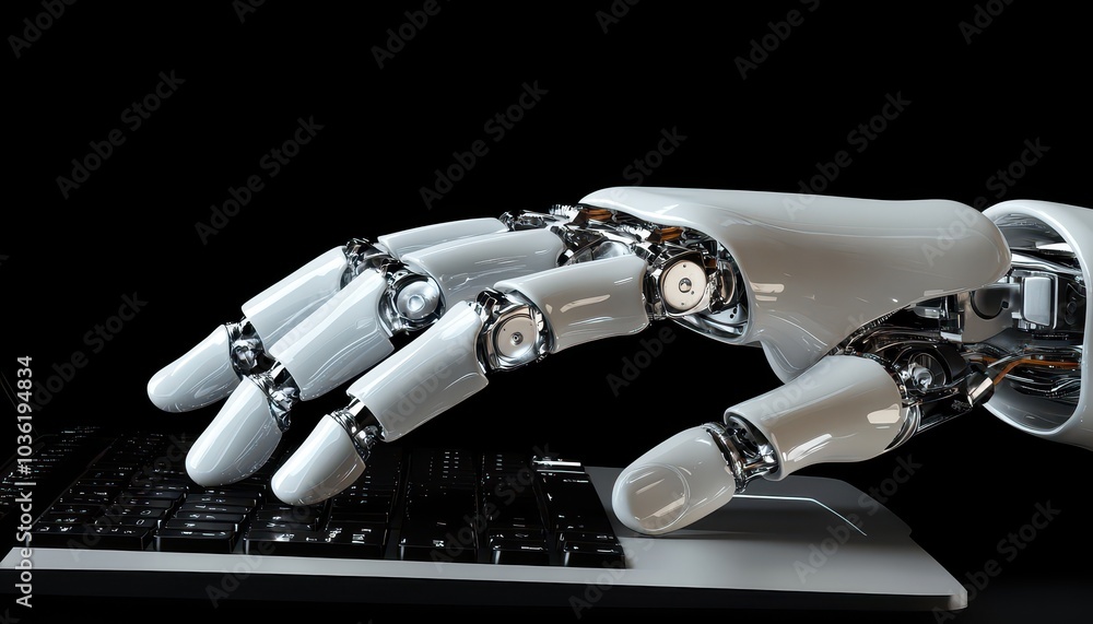 Poster robotic hand typing on a keyboard in a futuristic setting at night