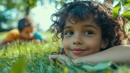 A joyful child lying on grass, enjoying nature with a friend in the background.