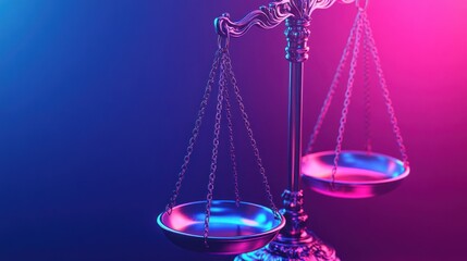 A metallic scale symbolizing justice, illuminated with vibrant pink and blue lighting.