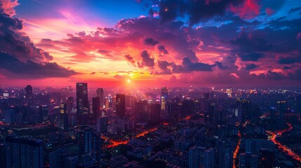 Fototapeta premium A cityscape with a dramatic sunset, the sky painted in vibrant colors, the city below alive with lights
